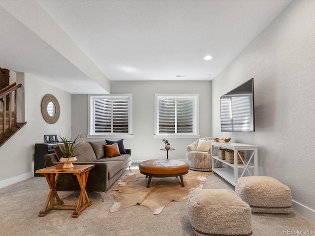 5511 Wabash St, Denver, CO 80238 - living area with baseboards, carpet flooring, and stairs