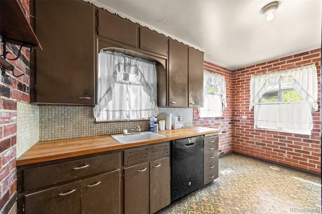 1665 S Madison St, Denver, CO 80210 - kitchen featuring black dishwasher, wooden counters, brick wall, and dark brown cabinets