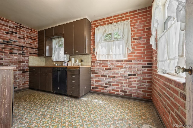1665 S Madison St, Denver, CO 80210 - kitchen featuring healthy amount of natural light, brick wall, black dishwasher, and dark brown cabinets
