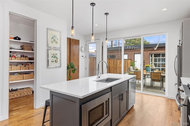 3932 Utica St, Denver, CO 80212 - kitchen with light countertops, stainless steel appliances, light wood-type flooring, and a sink