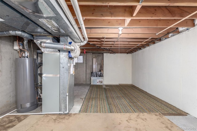 unfinished basement with heating unit and water heater