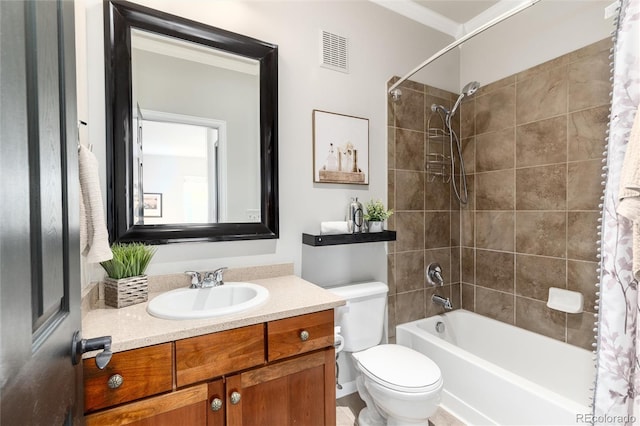 bathroom with visible vents, shower / bath combo with shower curtain, toilet, and vanity