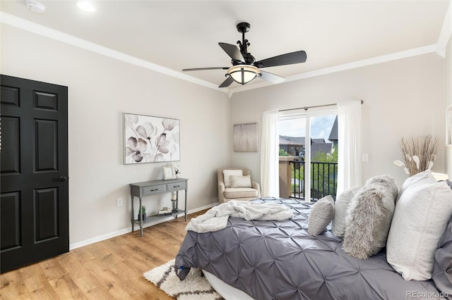 bedroom featuring baseboards, access to outside, ornamental molding, and light wood-type flooring