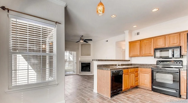 kitchen with light wood-type flooring, a fireplace, black appliances, decorative light fixtures, and ceiling fan