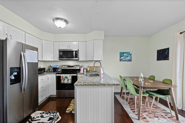 kitchen featuring appliances with stainless steel finishes, a sink, a peninsula, white cabinets, and dark wood-type flooring