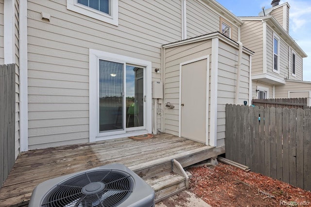 wooden deck with central AC unit and fence