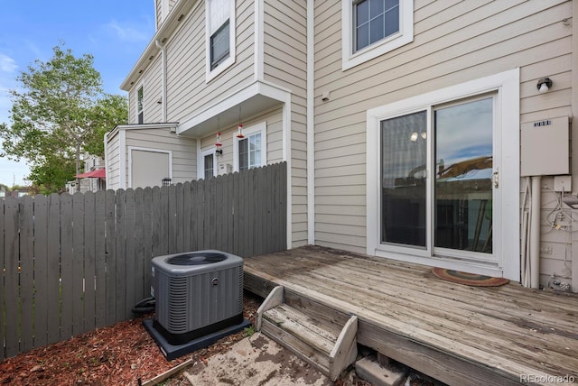 deck featuring central air condition unit and fence
