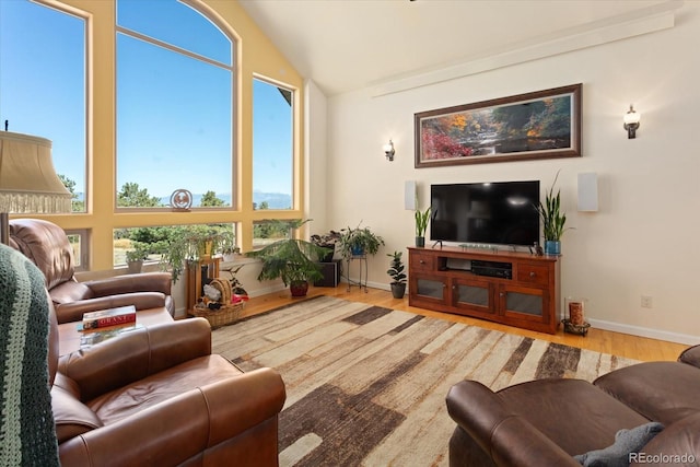 living room featuring a healthy amount of sunlight, lofted ceiling, and hardwood / wood-style flooring