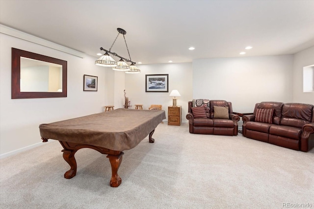 recreation room featuring light carpet and billiards