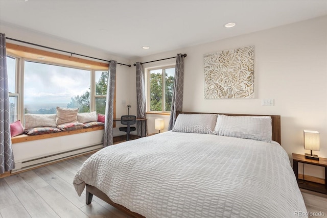 4236 Tranquil Way, Crestone, CO 81131 - bedroom with a baseboard radiator, recessed lighting, and wood finished floors
