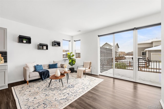 living room with dark hardwood / wood-style flooring