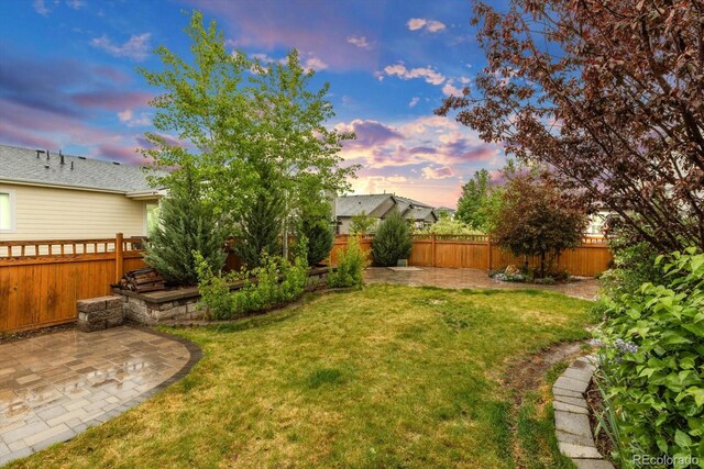 yard at dusk with a patio area