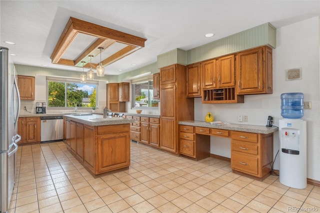 kitchen featuring stainless steel appliances, sink, light tile patterned floors, hanging light fixtures, and a kitchen island