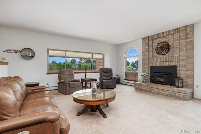 10101 W 72nd Ave, Arvada, CO 80005 - living area featuring baseboard heating, carpet, and a brick fireplace