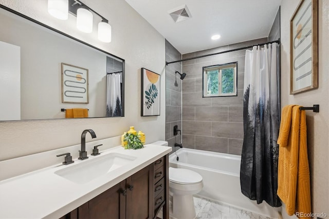 11457 Nancys Dr, Conifer, CO 80433 - full bathroom featuring vanity, shower / tub combo, marble finish flooring, and recessed lighting