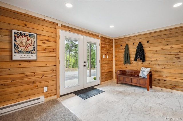 11457 Nancys Dr, Conifer, CO 80433 - doorway to outside with a baseboard heating unit, recessed lighting, and wood walls