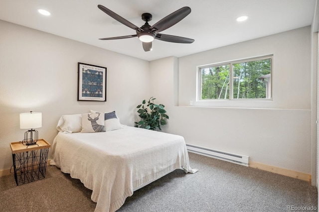 11457 Nancys Dr, Conifer, CO 80433 - bedroom with baseboard heating, carpet flooring, recessed lighting, and ceiling fan