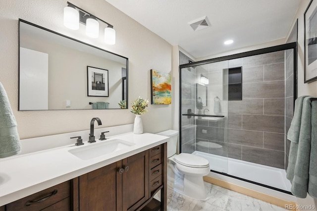 11457 Nancys Dr, Conifer, CO 80433 - full bath featuring marble finish floors, vanity, a stall shower, and recessed lighting