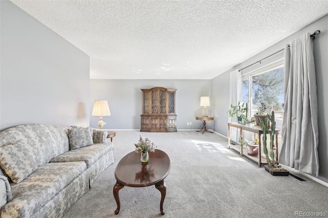 carpeted living area featuring baseboards and a textured ceiling