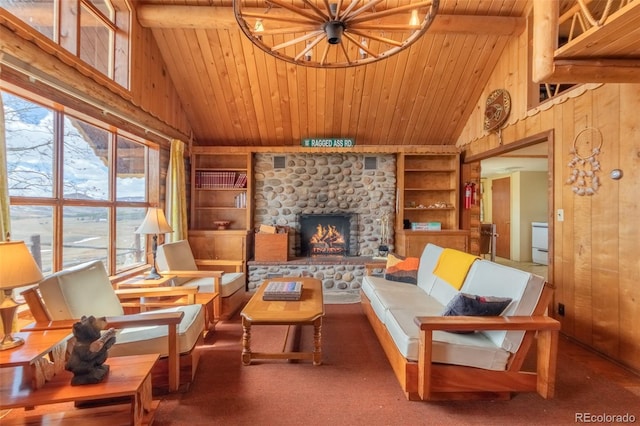 living area with built in features, wood ceiling, a fireplace, and wood walls