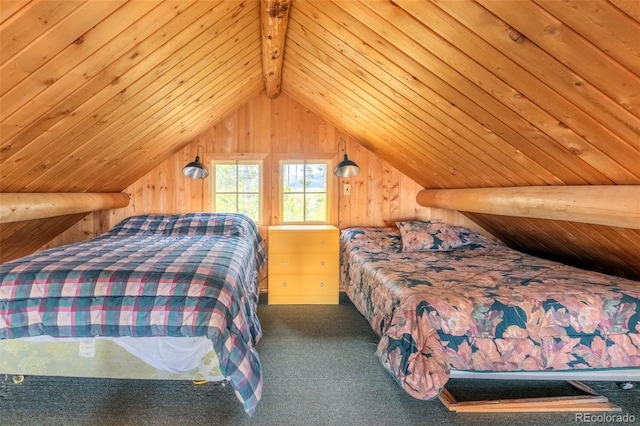 bedroom with carpet flooring, lofted ceiling with beams, wood walls, and wooden ceiling