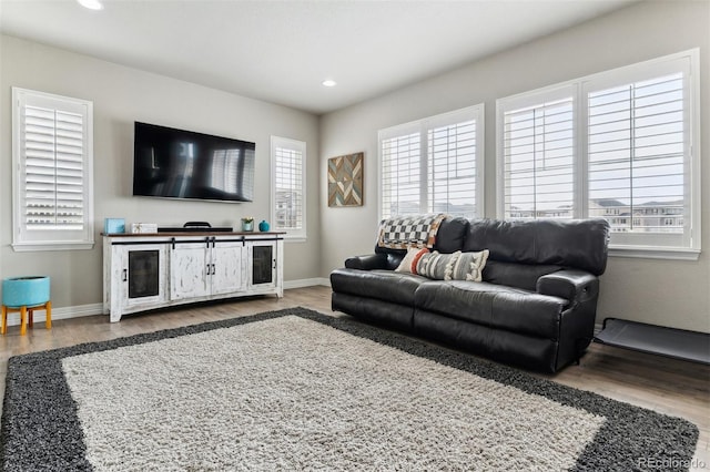 living area with recessed lighting, baseboards, and wood finished floors
