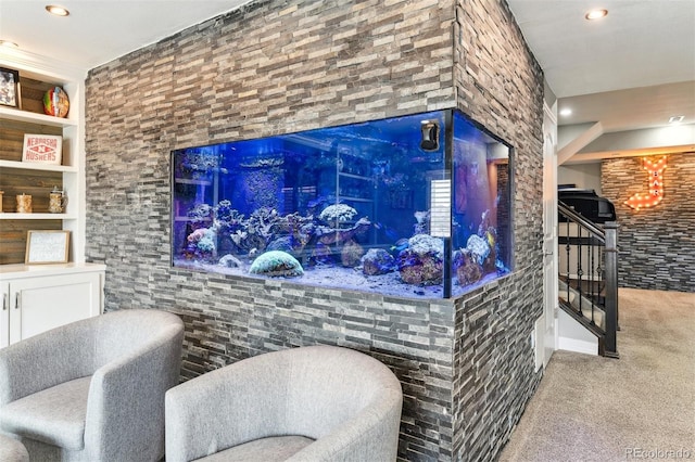 bar featuring carpet floors, recessed lighting, and built in shelves