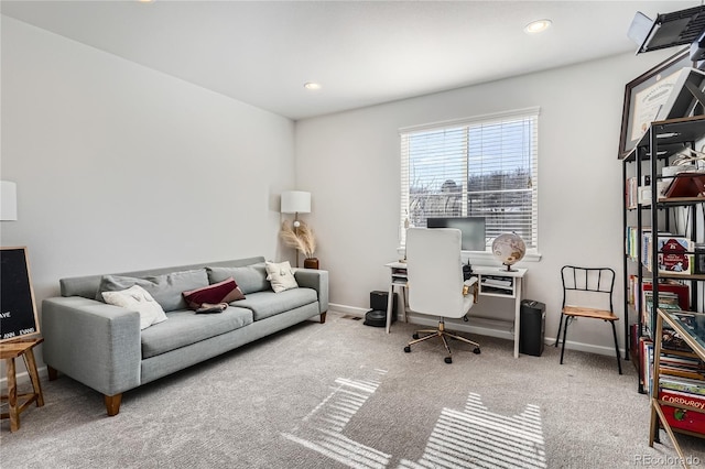 home office with baseboards, carpet flooring, and recessed lighting