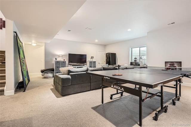 playroom with recessed lighting, visible vents, baseboards, and light colored carpet