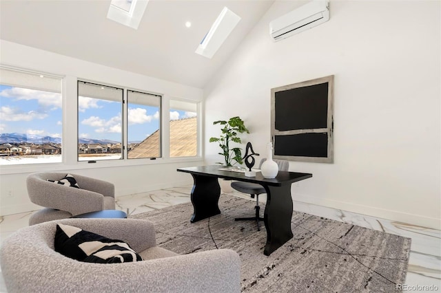 office with high vaulted ceiling, a skylight, and a wall unit AC