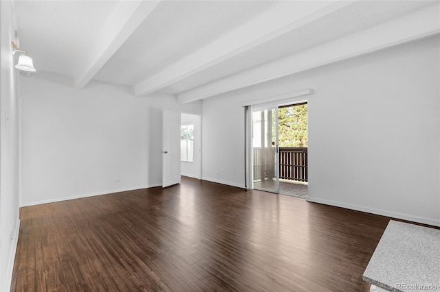 unfurnished room featuring beamed ceiling and dark wood-type flooring