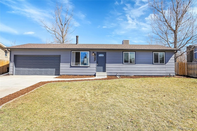 ranch-style house featuring driveway, a front yard, an attached garage, and fence