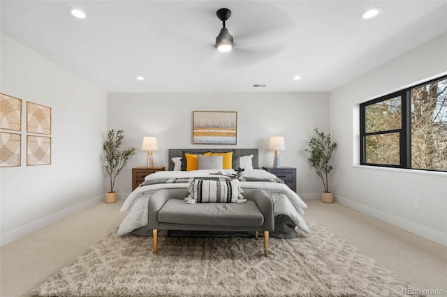 bedroom featuring recessed lighting, baseboards, and carpet flooring