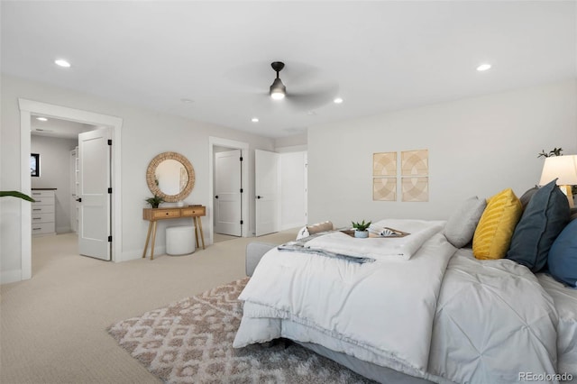 carpeted bedroom featuring recessed lighting, baseboards, and ceiling fan