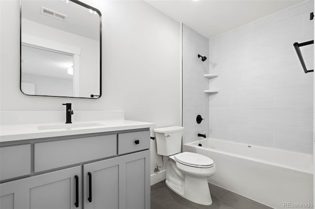 bathroom with visible vents, toilet, tile patterned flooring, bathtub / shower combination, and vanity