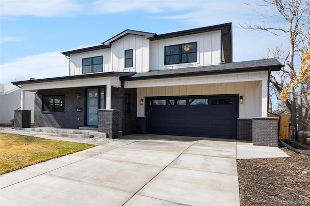 modern inspired farmhouse with brick siding, board and batten siding, covered porch, driveway, and an attached garage