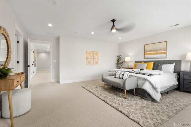 bedroom with recessed lighting, visible vents, light colored carpet, and ceiling fan