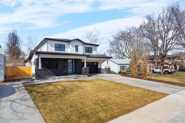 view of front of house with fence, a front lawn, concrete driveway, a porch, and a garage