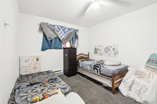 bedroom with baseboard heating, ceiling fan, and carpet