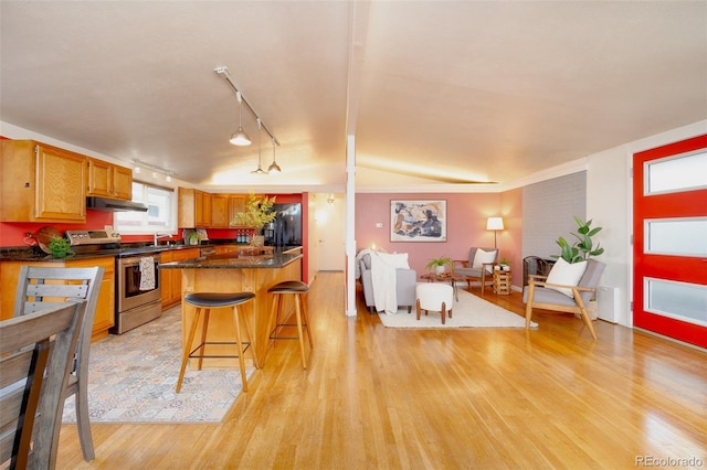 kitchen with dark countertops, light wood-style flooring, a breakfast bar area, stainless steel electric stove, and under cabinet range hood