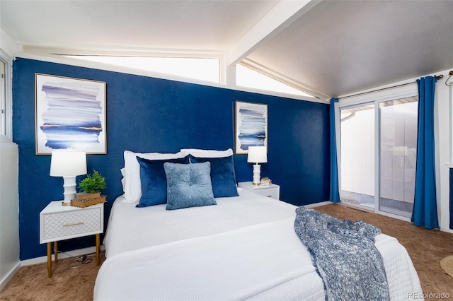 bedroom with access to outside, carpet flooring, and lofted ceiling with beams