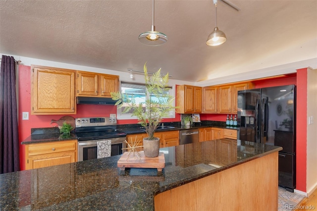 2370 S Meade St, Denver, CO 80219 - kitchen featuring stainless steel appliances, under cabinet range hood, dark stone countertops, and hanging light fixtures