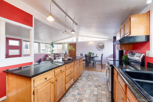 2370 S Meade St, Denver, CO 80219 - kitchen with under cabinet range hood, stainless steel electric range, a kitchen island, a sink, and baseboards