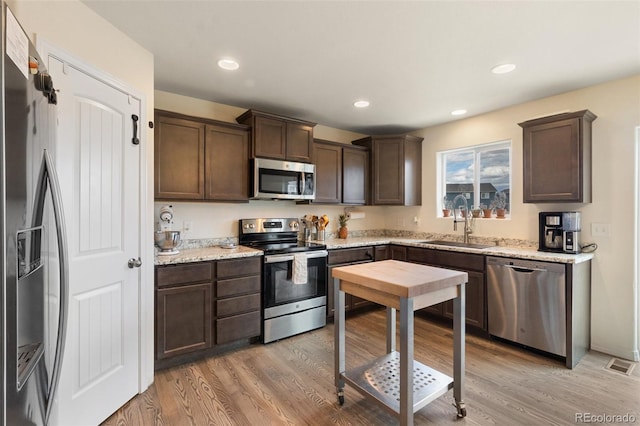 kitchen featuring visible vents, appliances with stainless steel finishes, a sink, dark brown cabinets, and light wood-type flooring