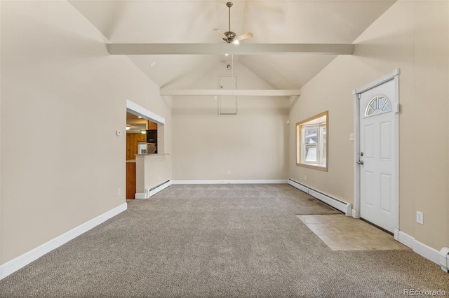 1104 Miner St, Idaho Springs, CO 80452 - unfurnished living room featuring a baseboard heating unit, carpet floors, ceiling fan, and baseboards