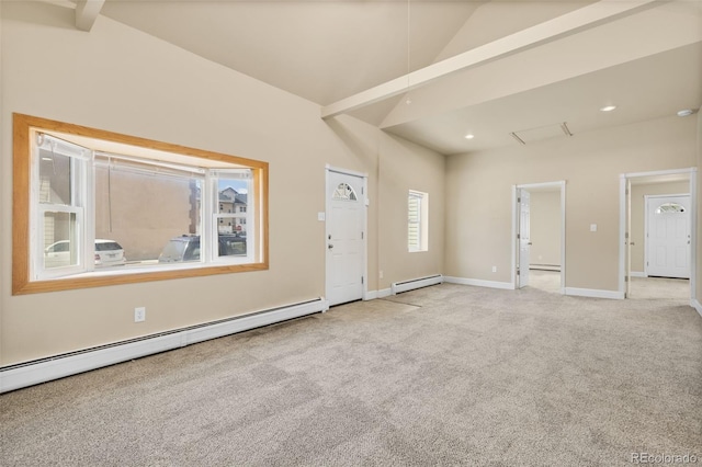 1104 Miner St, Idaho Springs, CO 80452 - empty room featuring baseboard heating, light colored carpet, baseboards, high vaulted ceiling, and recessed lighting