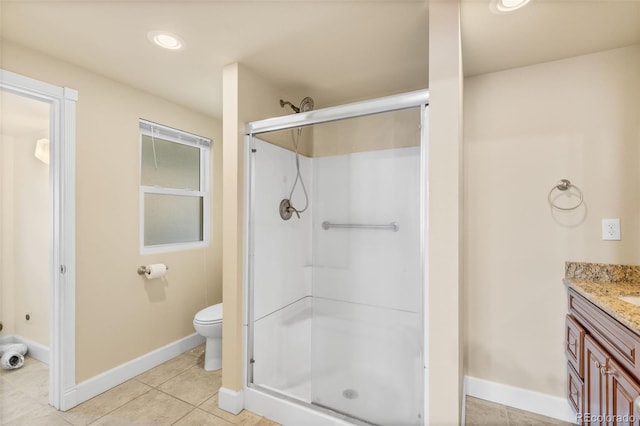 1104 Miner St, Idaho Springs, CO 80452 - bathroom with baseboards, toilet, a stall shower, tile patterned flooring, and recessed lighting