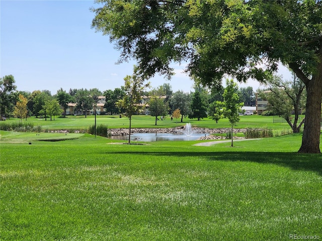 view of home's community with a water view and a lawn