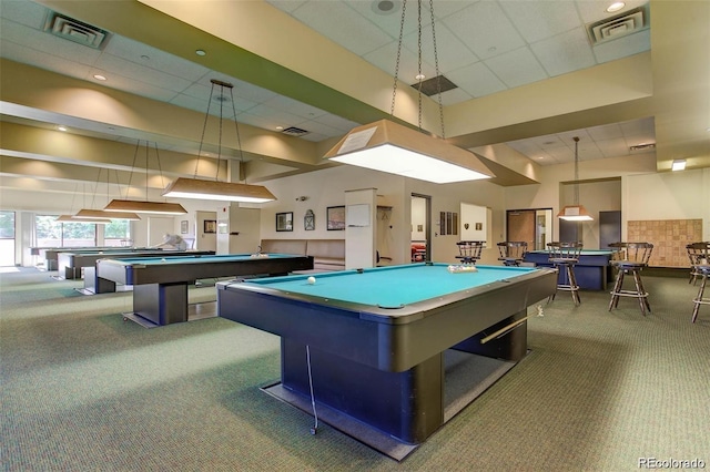 rec room featuring a paneled ceiling, visible vents, pool table, and carpet