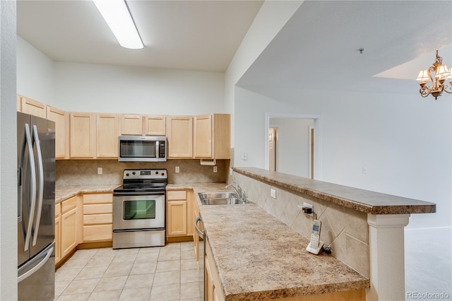 kitchen featuring light brown cabinets, a notable chandelier, stainless steel appliances, a sink, and backsplash